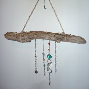 Suncatcher P Treated driftwood, cut glass pieces, handmade glass beads etc